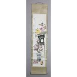 Chinese scroll of watercolor painting, signed Kong Xiaoyin, 50" x 12".
