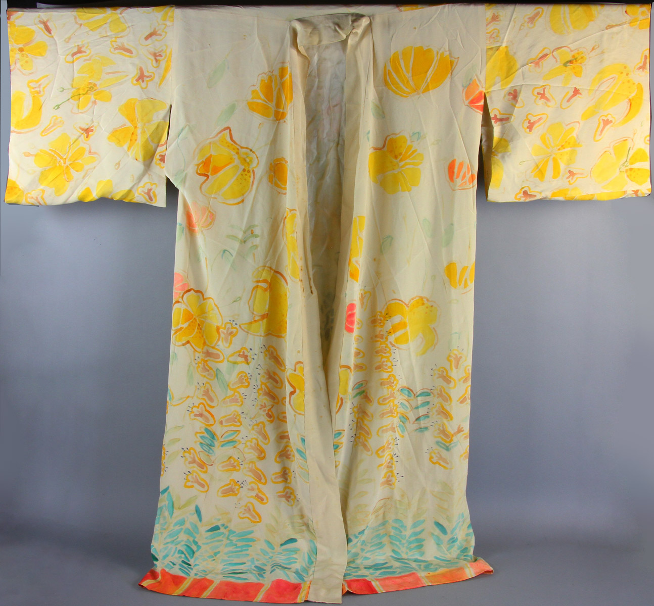 Japanese silk kimono as pajamas, 52" H x 56" W.