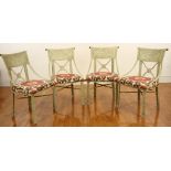 Paint-decorated metal chairs with tribal motif upholstery, set of four (4), 36" x 22". Provenance: