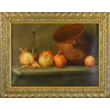 Signed M. L. Patrick verso dated 1901, still life, oil on canvas, 22" x 30", framed 28 1/2" x 36 3/