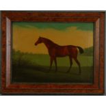 Horse painting, oil on canvas, in burlwood frame 16" x 20".
