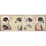 Four Japanese woodblock prints laid on paper, each depicting a beautiful woman, later 19th