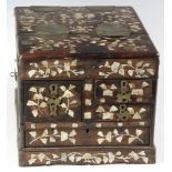 Antique Chinese teakwood dresser box with mirror and drawers having mother-of-pearl inlay, 8" H x