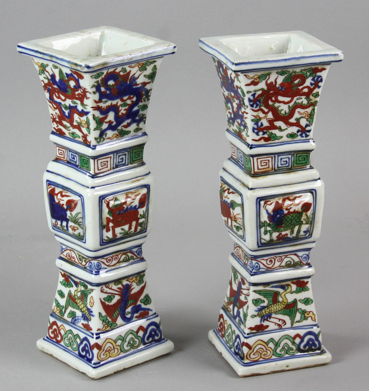 Pair of Chinese Famille Verte square-shaped porcelain vases with marks, 10" H. - Image 4 of 12