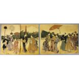 Four Japanese woodblock prints, late 19th/early 20th century, women with fans and parasols, mountain