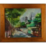 I. Rogow, view of Left Bank and Notre Dame cathedral, oil on canvas board, signed 'I. Rogow', 24"