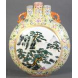 Chinese three pipe top Famille Rose porcelain vase, Qing Qianlong mark on base, 11 1/2" H.