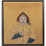 Watercolor painting of a Chinese Qing Dynasty officer, hat's design points towards painting's
