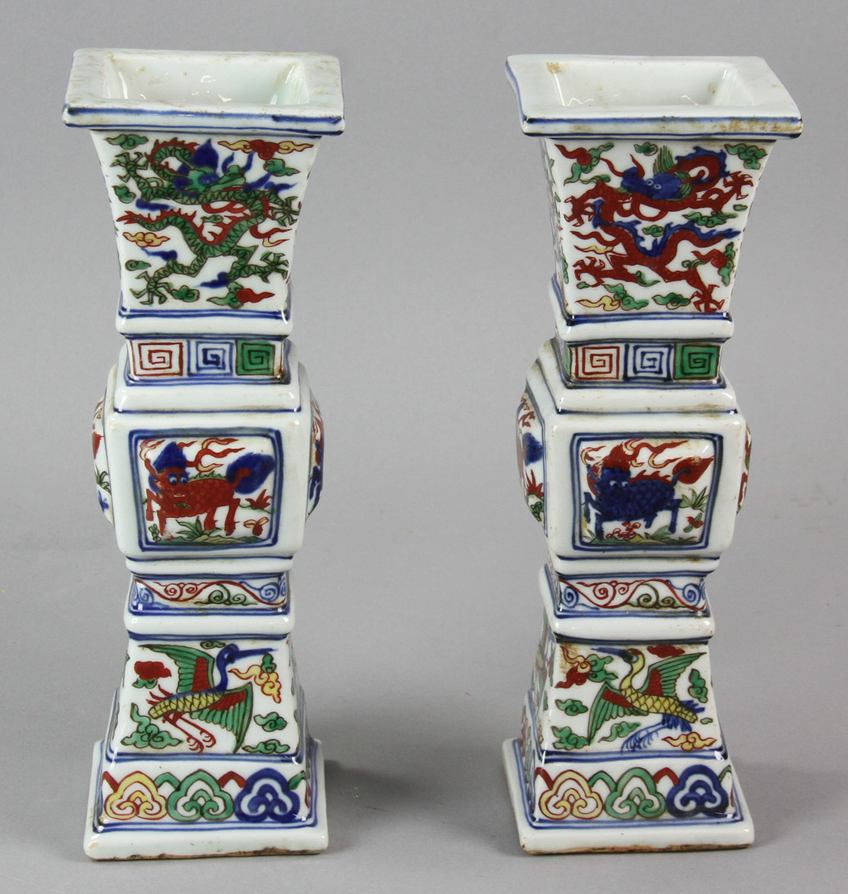 Pair of Chinese Famille Verte square-shaped porcelain vases with marks, 10" H. - Image 2 of 12