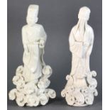 Two Chinese blanc-de-Chine porcelain figures, one 13 3/4"H, one 14" H.