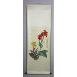 Chinese scroll of watercolor painting, flower pattern, signed Feiyin (Yu Feiyin), 38" x 21".