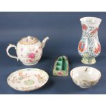 Group of five Chinese Famille Rose porcelain items, to include: vase, 9 1/4" H; teapot, 5" x 9";