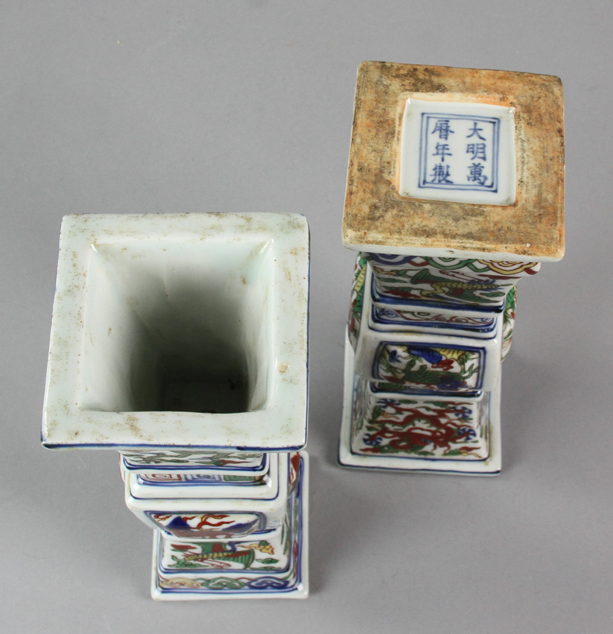 Pair of Chinese Famille Verte square-shaped porcelain vases with marks, 10" H. - Image 12 of 12