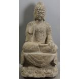 Sui Dynasty carved stone Buddha, 30" H x 14" W x 10" D. Provenance: Fort Lauderdale, Florida