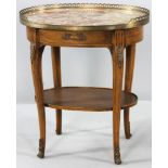 Louis XV-style oval walnut table with bronze mounts and marble top, 27 1/2"h. x 24 1/2"w. x 17 1/2"