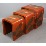 Three Japanese red lacquered nesting tables, 24" H x 24" W x 16" D and smaller.