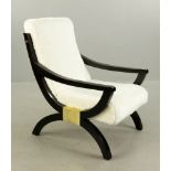 Bohemian spring Neimans chair, with cream faux fur upholstery and X-form base, 42" h x 27 1/2" w.