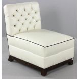 Tufted white vinyl occasional chair with walnut base, 31"h. x 23"w. x 28"d.