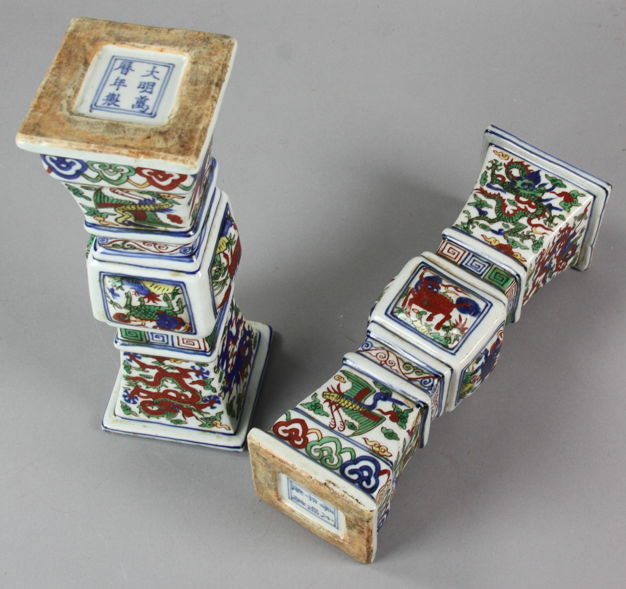 Pair of Chinese Famille Verte square-shaped porcelain vases with marks, 10" H. - Image 10 of 12