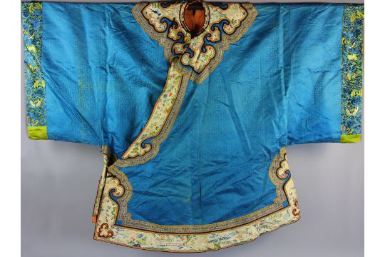 Chinese navy blue embroidered robe, Ruyi shaped neckline, 19th century, 35" H x 33" W. - Image 1 of 5