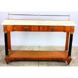 Biedermeier-style marble-top two-drawer console table, 35" H (overall), x 48" W x 14 1/2" D.