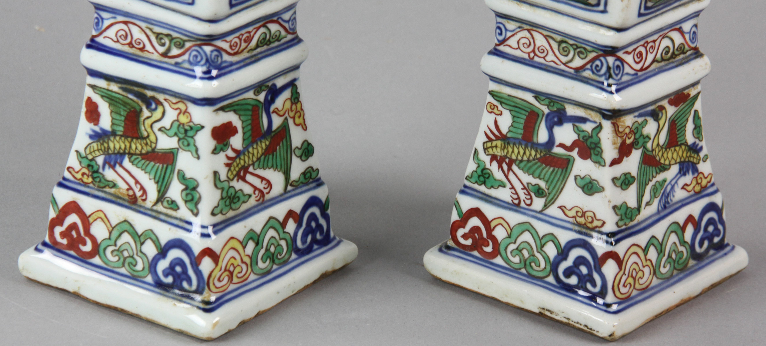 Pair of Chinese Famille Verte square-shaped porcelain vases with marks, 10" H. - Image 6 of 12