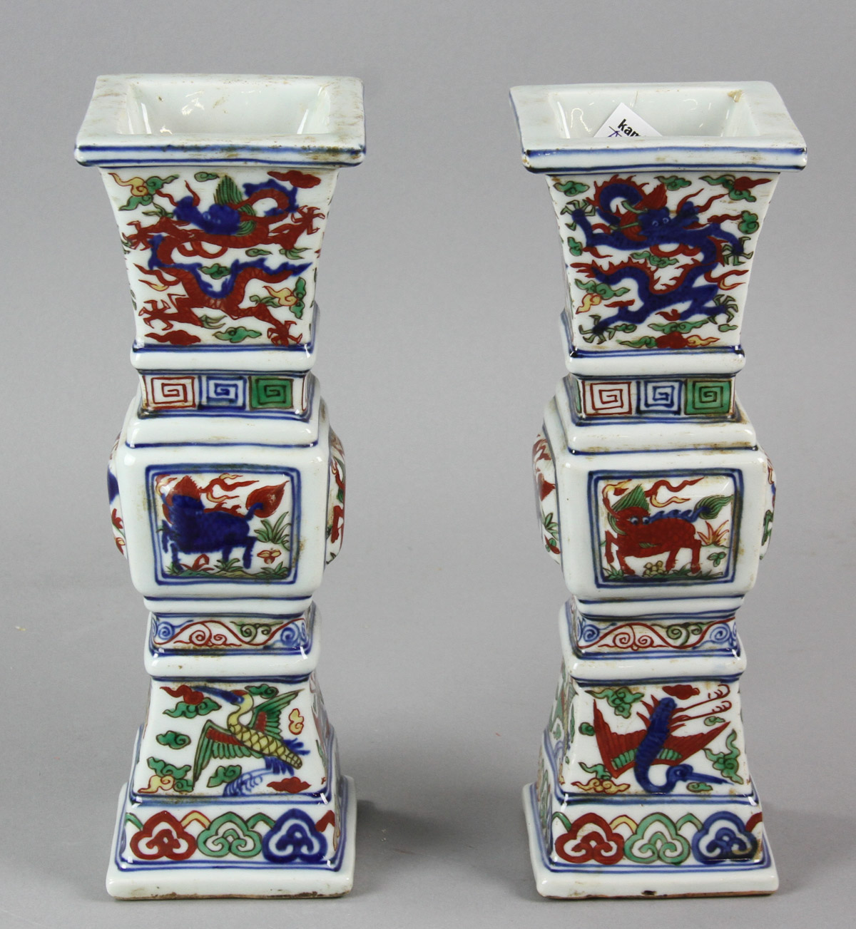 Pair of Chinese Famille Verte square-shaped porcelain vases with marks, 10" H. - Image 3 of 12