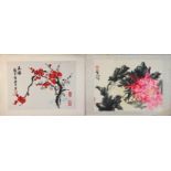 Two Chinese watercolor paintings on paper, one of peonies signed Zhao Kany, one plum blossom