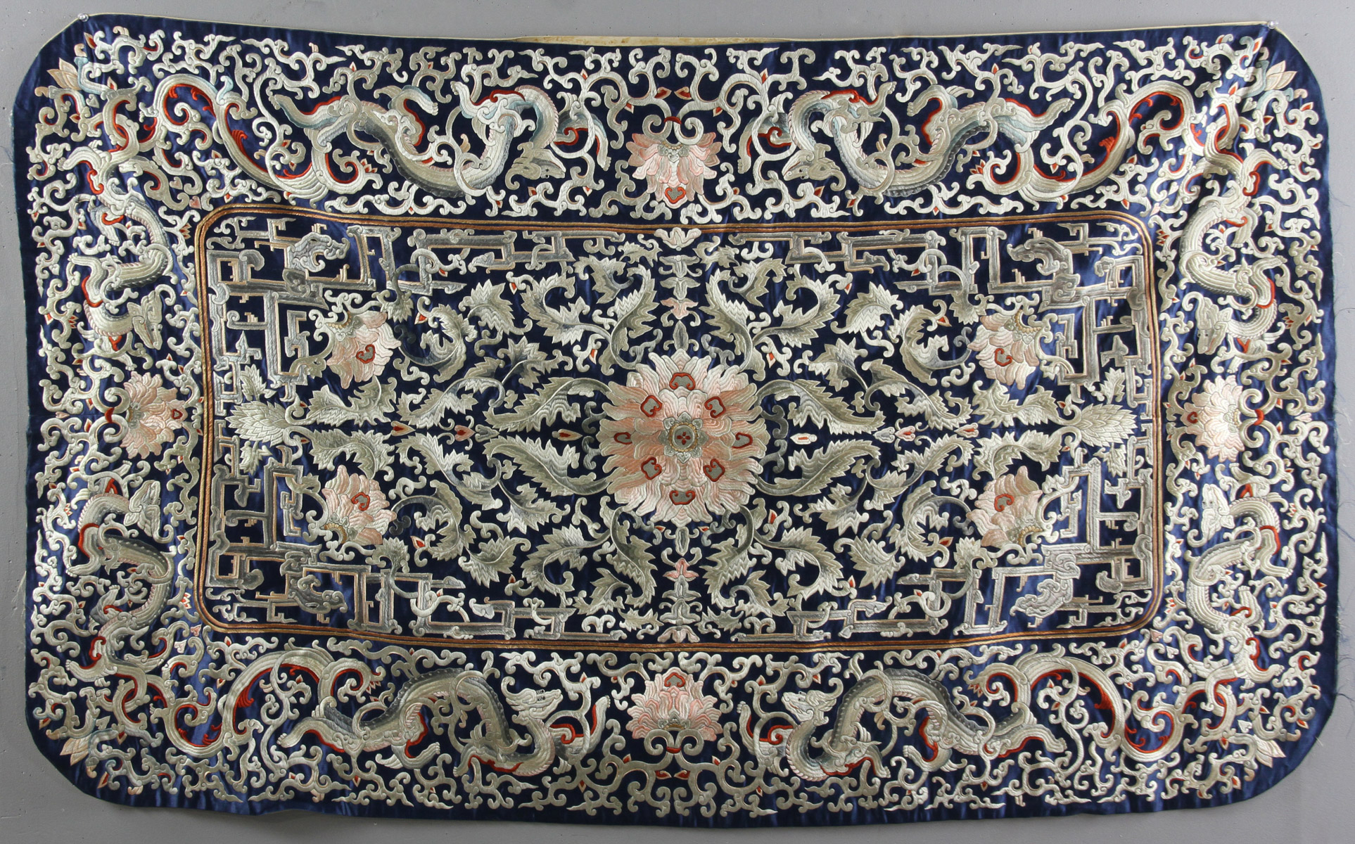 Early 20th century Chinese embroidered cloth, originally used as piano shawl, 60" x 36". Some