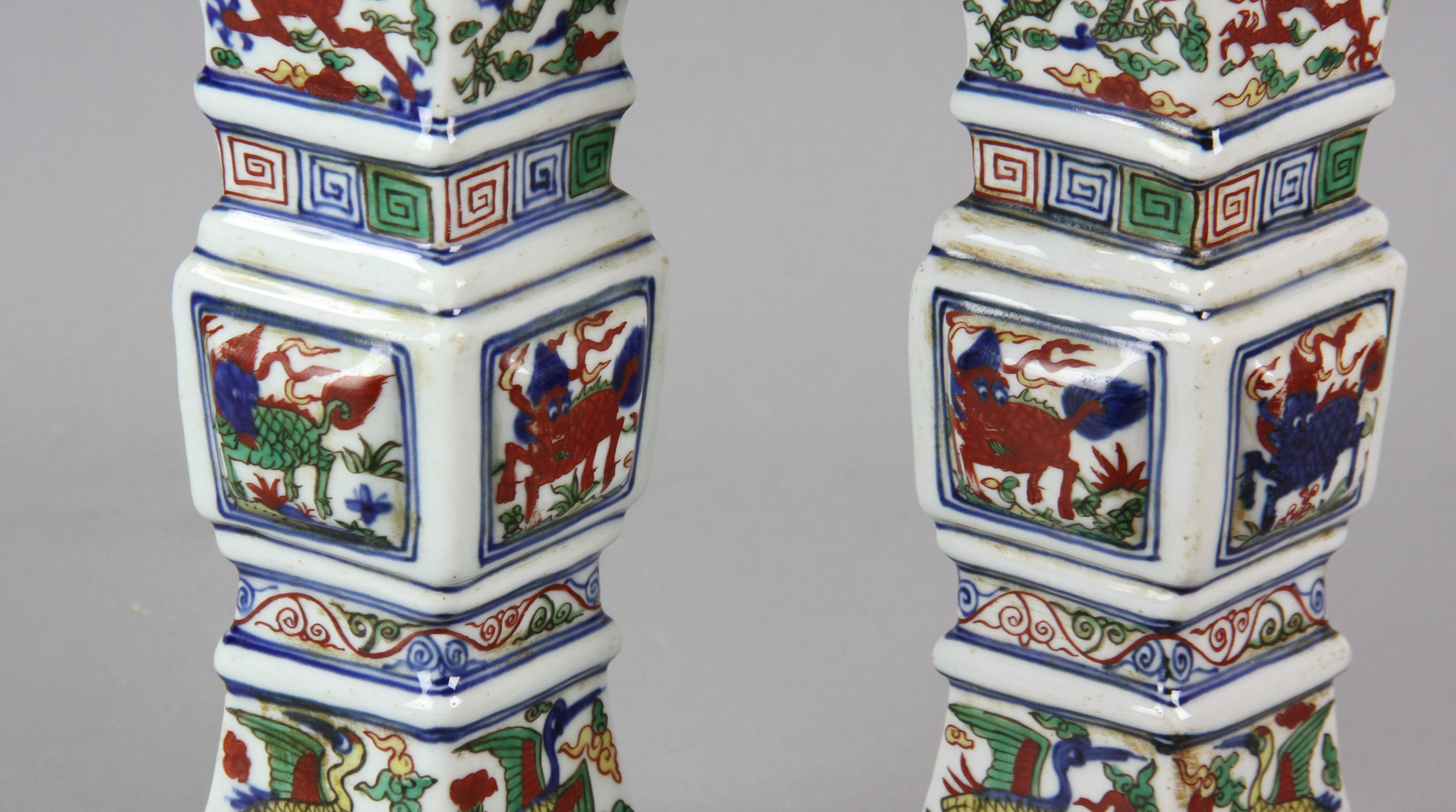 Pair of Chinese Famille Verte square-shaped porcelain vases with marks, 10" H. - Image 8 of 12