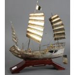 Fine Chinese 20th century sterling silver whaling ship sculpture. The three-masted ship '