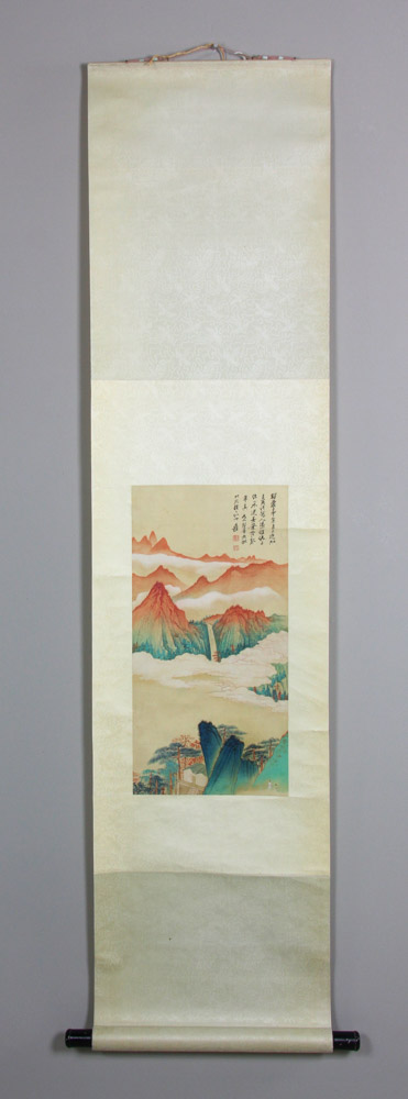 Chinese scroll of watercolor painting, signed Zhang Daqian, 22" x 11".