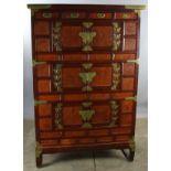 Chinese four-drawer over six-door cabinet, brass trim, 63" H x 43" W x 21" D.