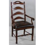 English-style mahogany ladder-back armchair with brown leather seat, 40"h. x 23"w. x 21"d.