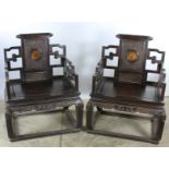 Pair of large carved zitan chairs, 42" x 25" x 20".