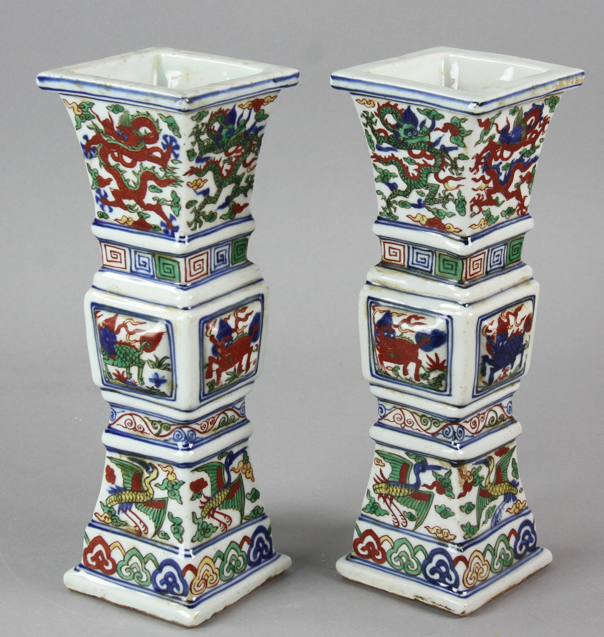 Pair of Chinese Famille Verte square-shaped porcelain vases with marks, 10" H. - Image 5 of 12