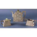 19th century Chinese pewter tea set, largest piece 6" x 7 1/2".