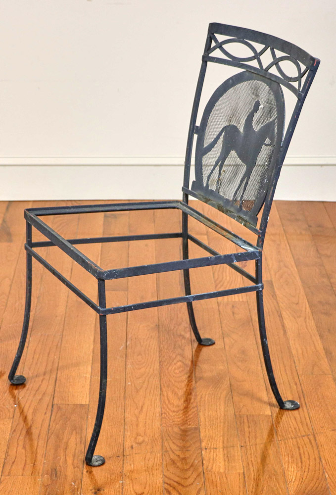 Pair of black-painted equestrian-motif wrought iron chairs, 31 1/2" H x 16" x 22" (overall), - Image 3 of 4