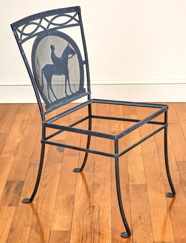 Pair of black-painted equestrian-motif wrought iron chairs, 31 1/2" H x 16" x 22" (overall), - Image 2 of 4