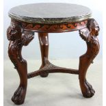 Custom Rococo mahogany round table with black marble top, carved leg with lion face and paw foot,