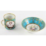 Circa 1820 Sevres jeweled portrait cup and saucer with raised enamel dots and handpainted