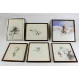Collection of six (6) Luis Granda pencil drawings and watercolors, all signed, dated 1978-1980,