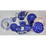 19th century English Staffordshire blue and white transferware to include: dark blue teapot with