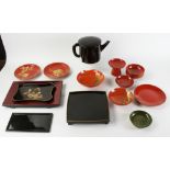 Group of Japanese red-lacquer tea sets to include: black tea pot, 5" x 10"; bowl, 6 1/2" diameter;