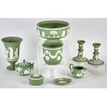 Wedgwood Jasperware set, 20th century pieces to include: 5 1/4" x 8" bowl; two (2) candlesticks; 7