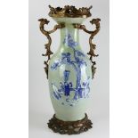 Large Chinese green glazed and blue and white porcelain vase, 28" H. Repaired.