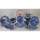 19th century English Staffordshire blue and white transferware to include: low footed serving piece,