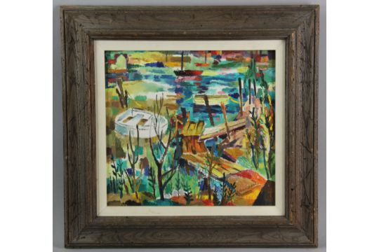 Robert D Goldman, 'White Boat', oil on canvas, signed L/R, info verso, 13" x 13", frame 18" x 18". - Image 1 of 6