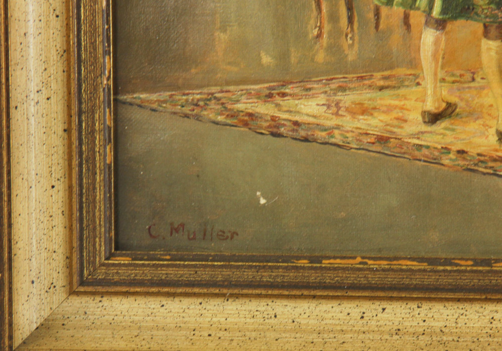 C. Muller (19th century, French), music room interior, oil on canvas, signed L/L, 14" x 18", - Image 3 of 5