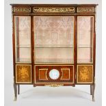 19th century French curio cabinet, having ormolu bronze mounts, marquetry inlay, with oval blue